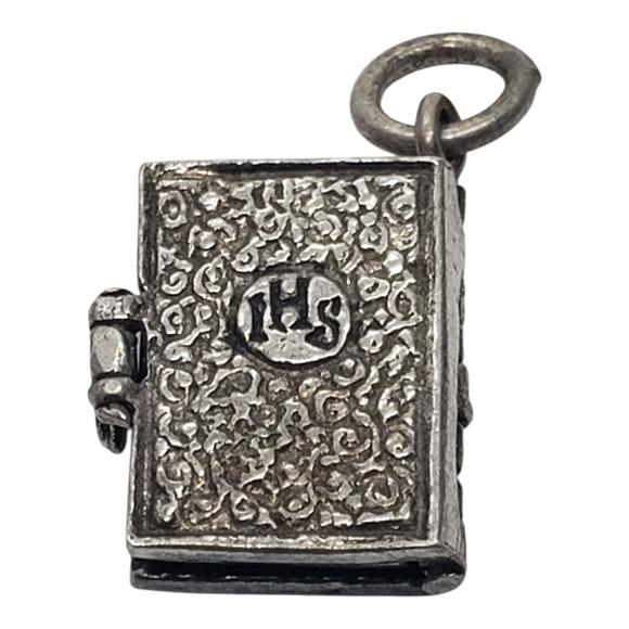 Holy Bible Book Charm Pendant Silver Tone Hinged Locket IHS Christian Religious - Picture 3 of 5